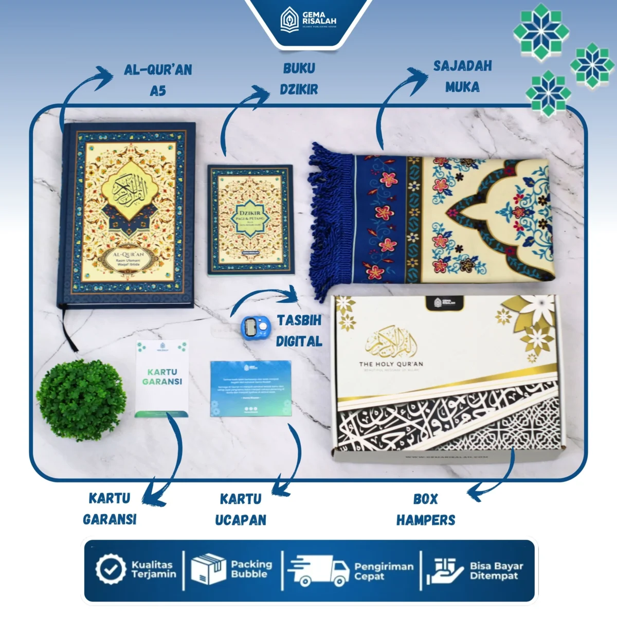 Gema Risalah - Hampers Gift Set Ibadah Mushaf Al Jabbar Non Terjemah dan Sajadah Turkiye Premium Anti Slip Hadiah Spesial untuk keluarga - Gambar 2