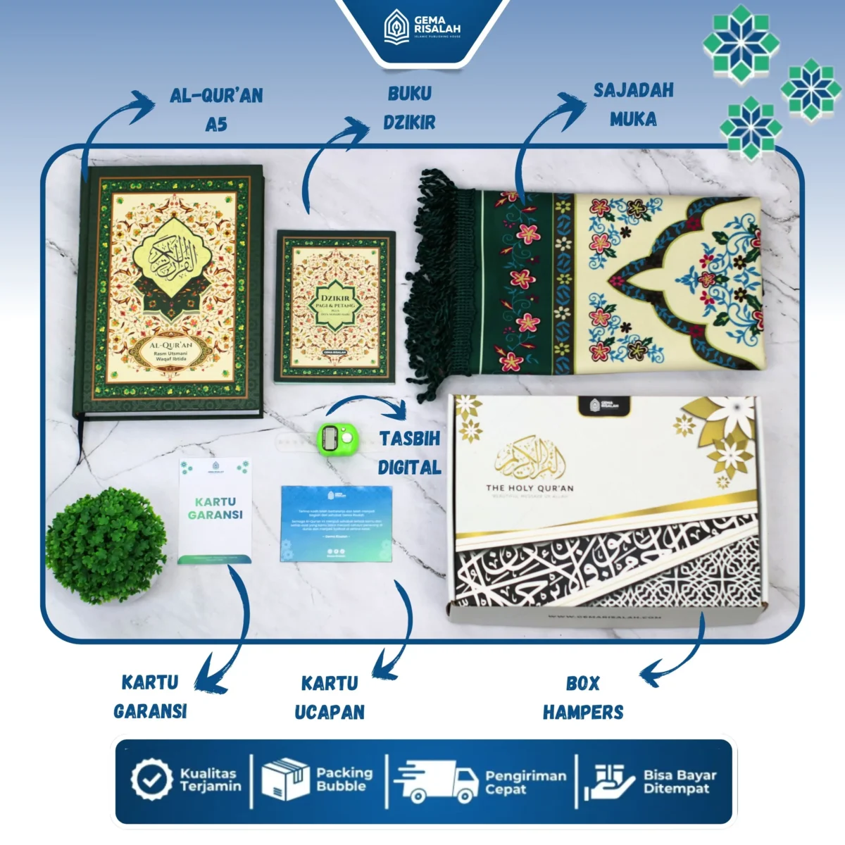 Gema Risalah - Hampers Gift Set Ibadah Mushaf Al Jabbar Non Terjemah dan Sajadah Turkiye Premium Anti Slip Hadiah Spesial untuk keluarga - Gambar 3