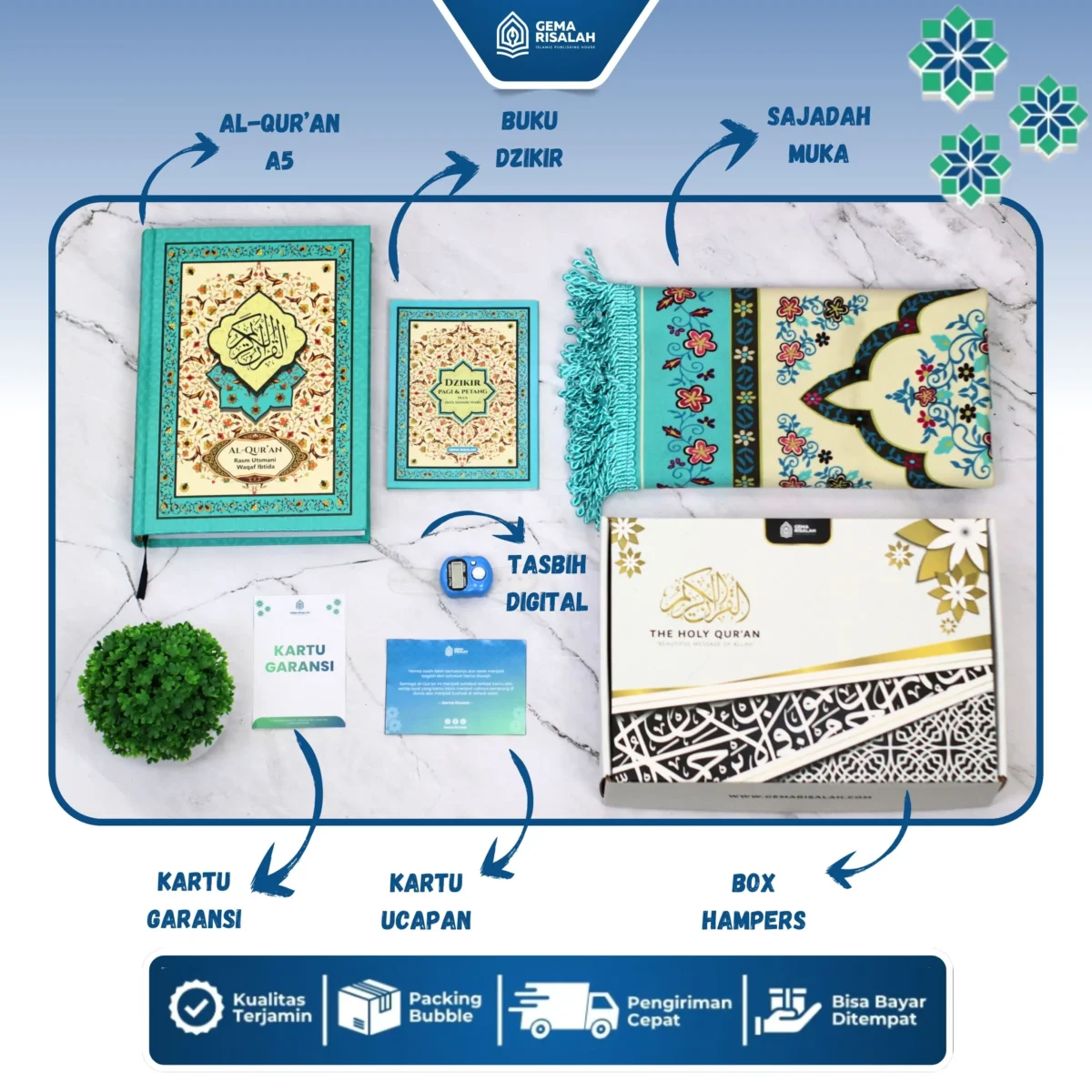 Gema Risalah - Hampers Gift Set Ibadah Mushaf Al Jabbar Non Terjemah dan Sajadah Turkiye Premium Anti Slip Hadiah Spesial untuk keluarga - Gambar 4