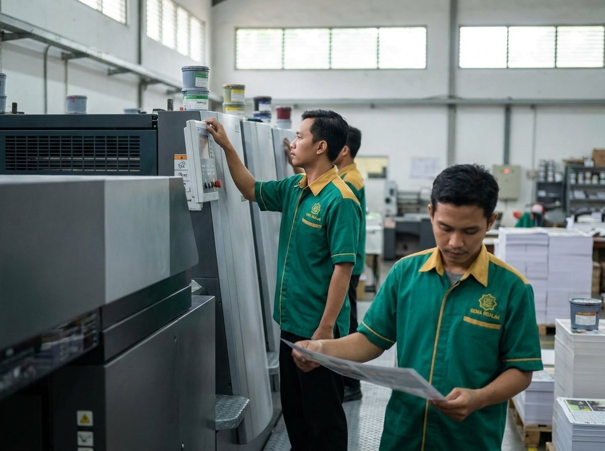 Fasilitas mesin offset modern pabrik alquran skala besar