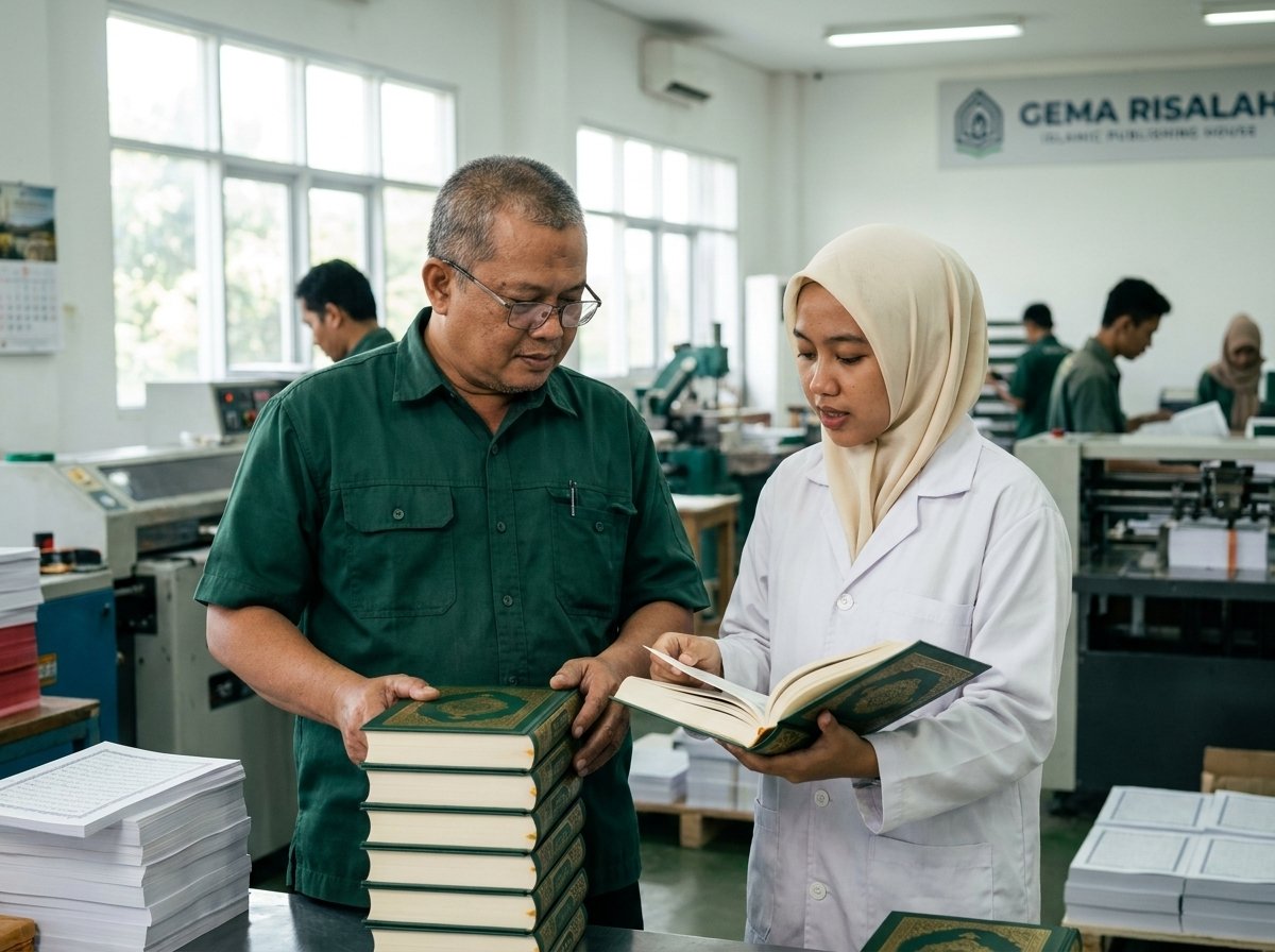 Konstruksi jilid jahit benang dan sampul tebal di tempat cetak alquran
